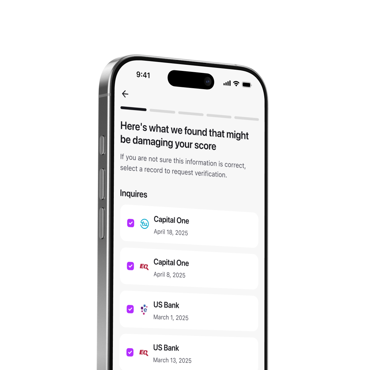 iPhone showing dispute Inquires list — Capital One, US Bank entries with damage-flag checkboxes