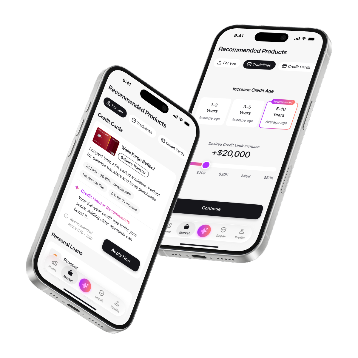 Two iPhones showing recommended products marketplace — credit cards and tradelines for credit-age increase