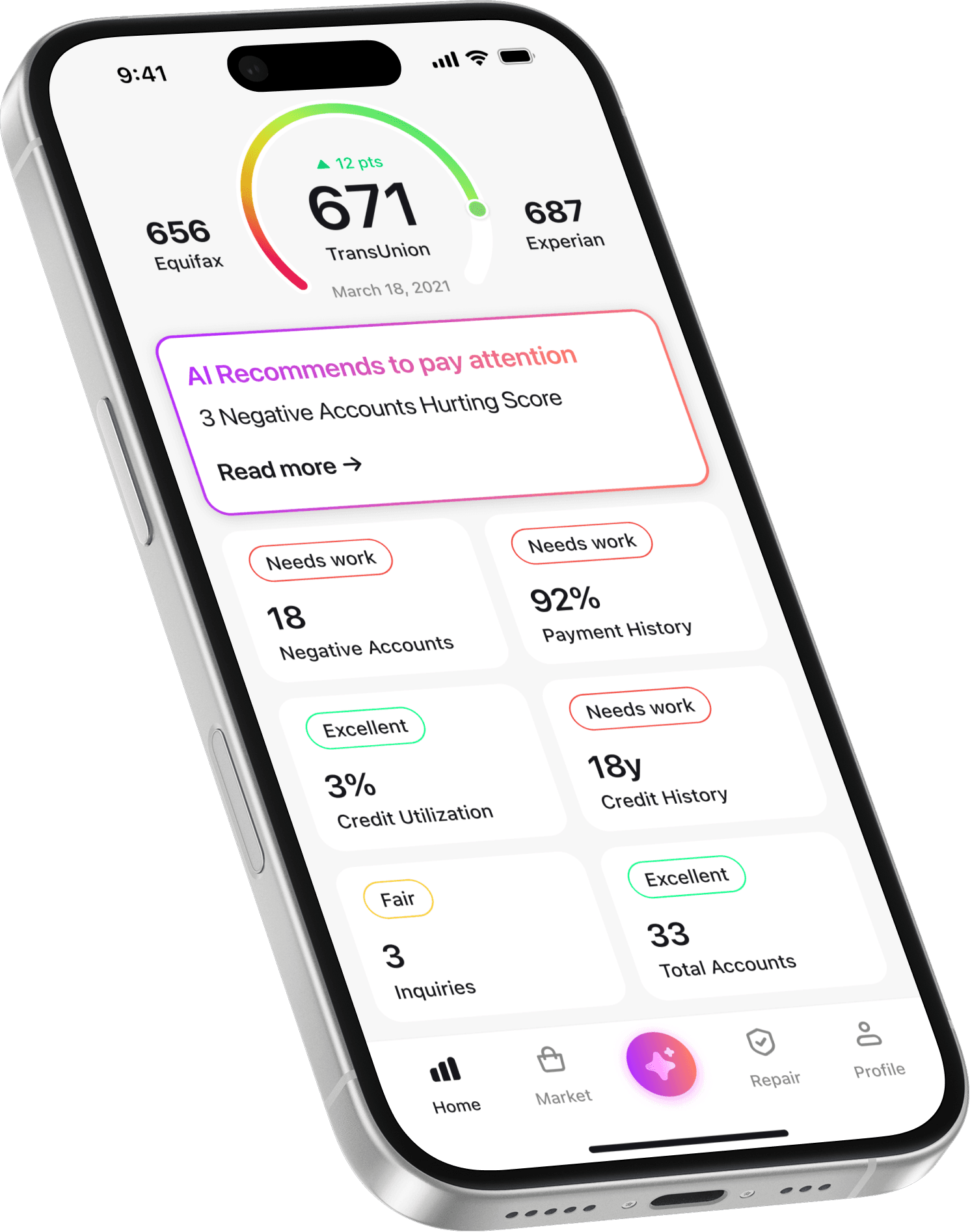 CreditBooster.ai mobile app showing credit dashboard